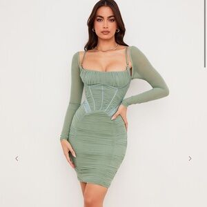 House of CB Freyja Green Gathered Corset Dress Long Sleeve Bigger Cup D-E 🤍